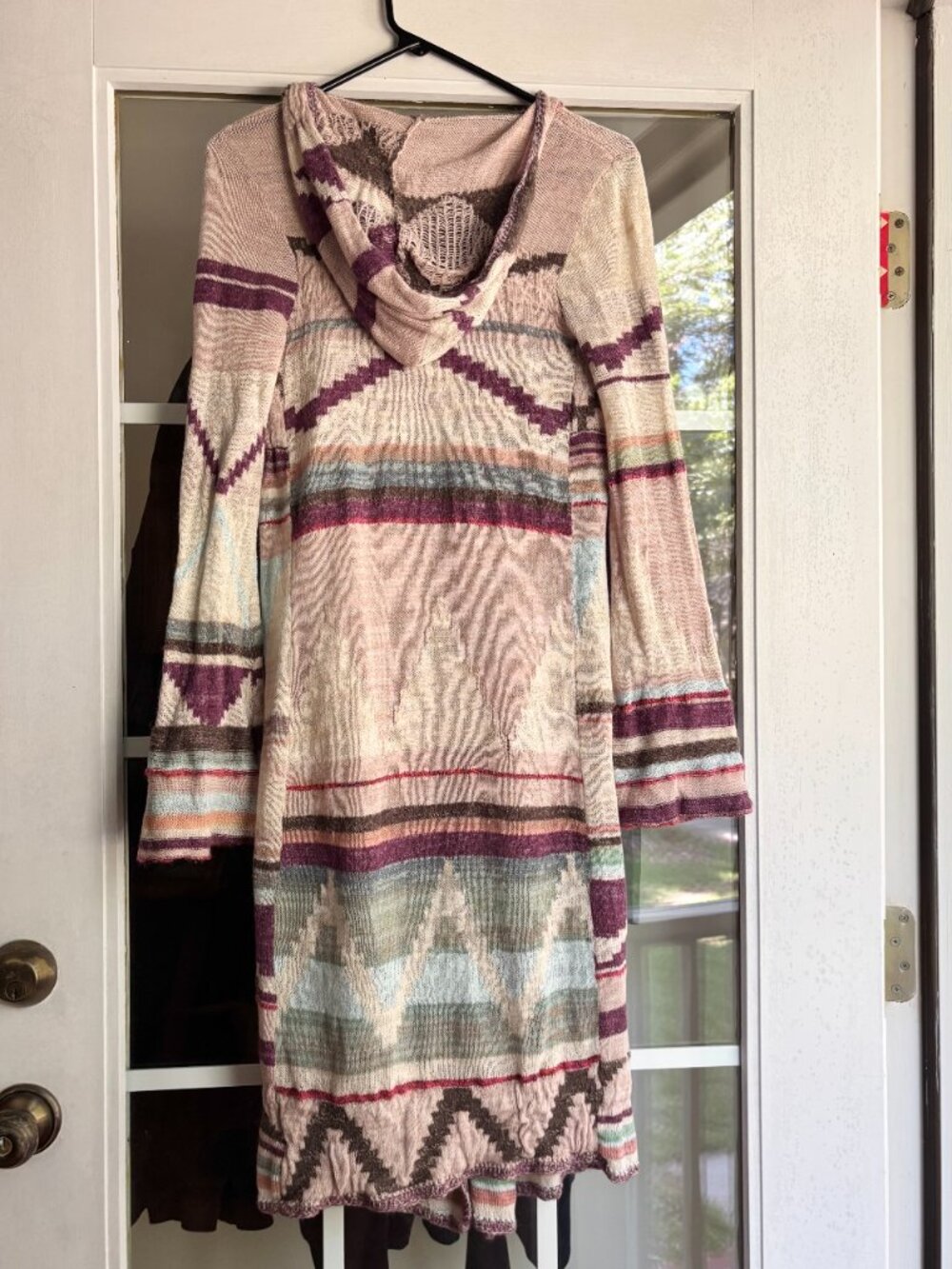 Free People Cream Purple Blue Boho Southwestern Long Duster Hooded Cardigan S - Picture 6 of 16